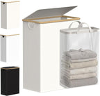 efluky Slim Laundry Basket with Lid, Narrow Laundry Hamper with Removable Bag, Skinny Dirty Clothes Basket with Bamboo Handles for Bathroom, Bedroom & Laundry Room, 65L Beige