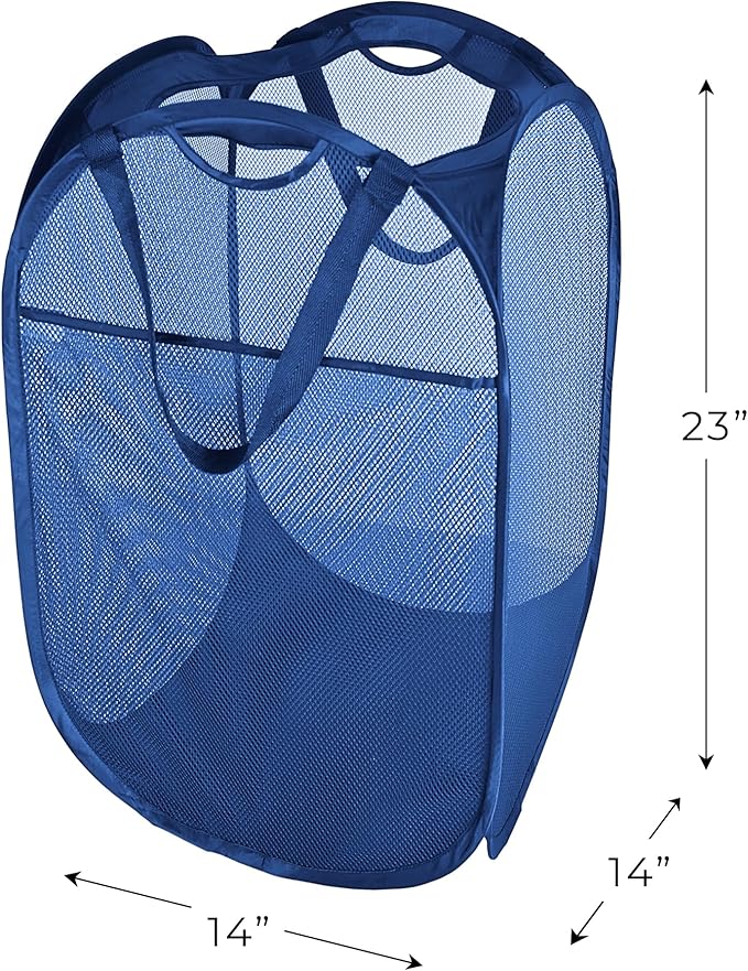 Smart Design Deluxe Mesh Pop Up Square Laundry Hamper w/ Side Pocket & Handles - VentilAir Fabric Collapsible Design - for Clothes & Laundry - Home - (Holds 2 Loads) (14 x 23 Inch) [Blue]