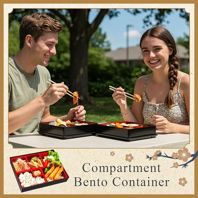 2 Pcs 12 x 9.5 x 2.2 Inch Japanese Lunch Box 6 Compartments Divided Bento Box with Greaseproof Adult Japanese Bento Lunch Container Sushi Home Restaurant
