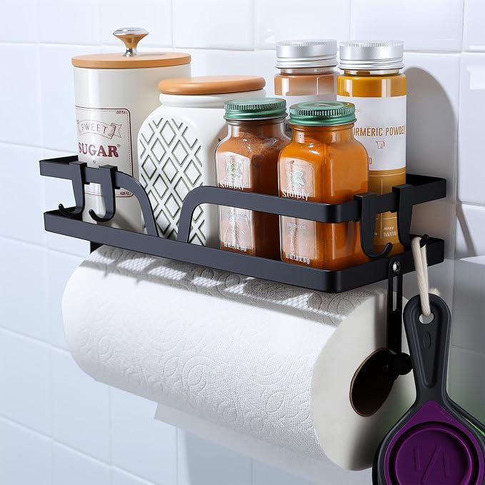 ZUNTO Wall Mount Paper Towel Holder with Shelf, Self Adhesive or Drilling, Stick on Wall Paper Towel Bar Spice Rack for Kitchen, Garage Organizer and Storage, Black
