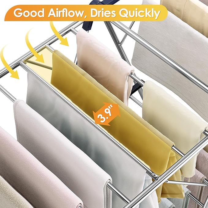 KINGBOARD Clothes Drying Rack,Stainless Steel Laundry Drying Rack with Height-Adjustable, Foldable Gullwing for Easy Storage, No Assembly, Indoor Outdoor Use, 56.4" D x 21.6" W x 39.3" H, Blue