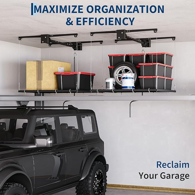 Overhead Garage Storage Rack, Adjustable 4x4 ft Heavy Duty Ceiling Mounted Storage Racks with Safety Lock, 250 lb Capacity Overhead Garage Storage Rack for Garage and Attic