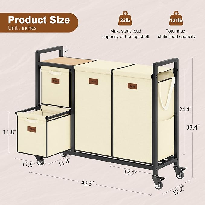 Hoctieon 4 Section Laundry Cart, 48 Gal. (182L) Laundry Hamper with Lid, Laundry Basket with Wheels, Rolling Laundry Sorter Organizer with Shelf, Clothes Separator with Removable Bags, Beige