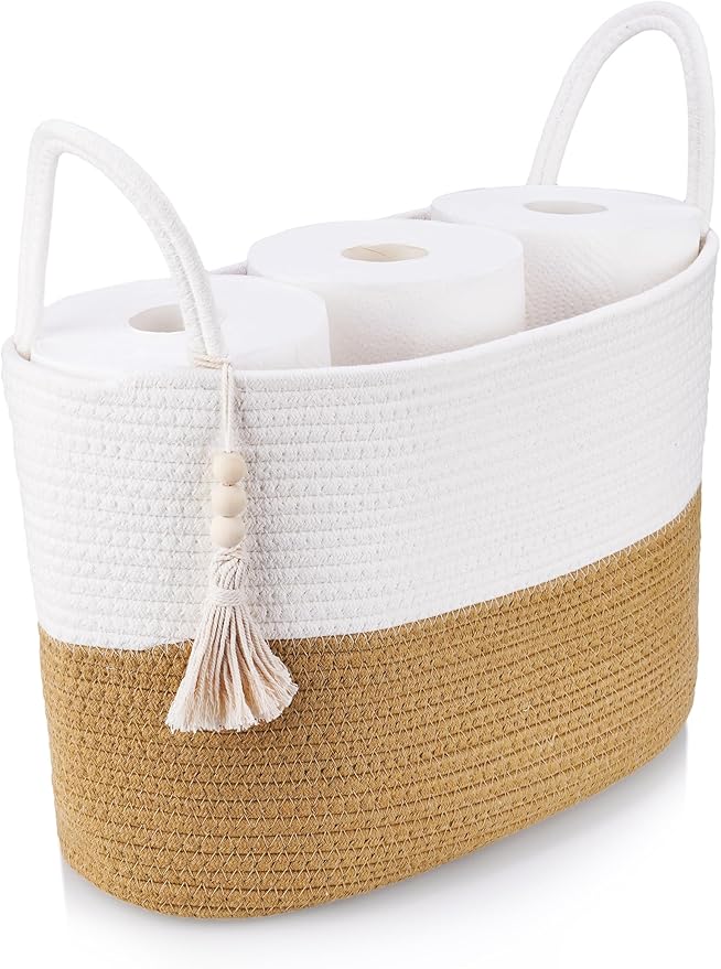 NiHome Toilet Paper Storage Basket, Cotton Rope Organizer with Boho Tassel, Holds 6 Rolls, Foldable Space-Saving Design, Multi-Purpose Bin for Bathroom, Bedroom and Living Room