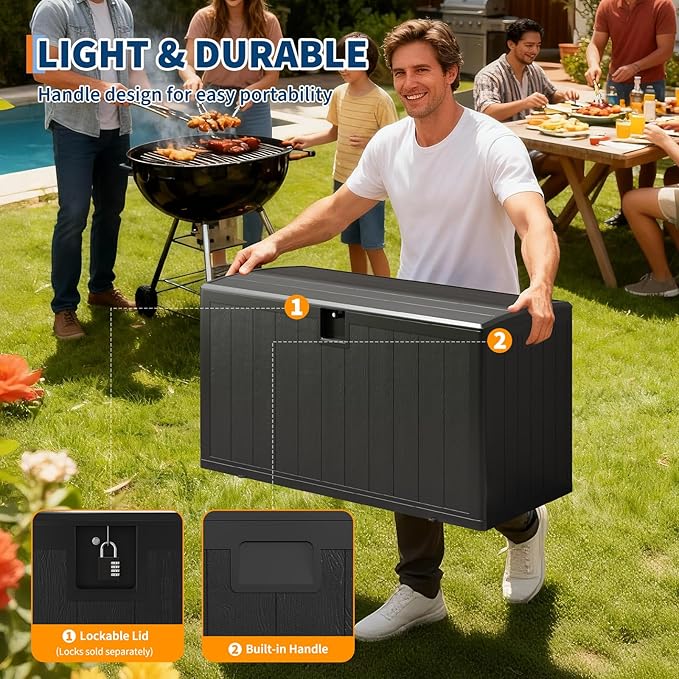 Garvee 130 gal Deck Box, Lockable Outdoor Storage Box with Lid, All-Weather Outdoor Storage Bin with Side Handles for Patio Furniture, Pool Accessories, Gardening Tool, Black