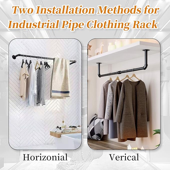36 INCH Clothes Rack Wall Mounted, Industrial Pipe Garment Rack, Multi-Purpose Clothing Rod for Closet, Laundry Room, Retail Display, Black