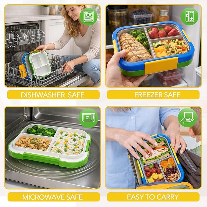EASYFUN Bento Box Adult, Lunch Box, 4-Compartment Lunch Containers, Drop-Proof, Dishwasher Safe & Made with BPA-Free Materials (Blue green)
