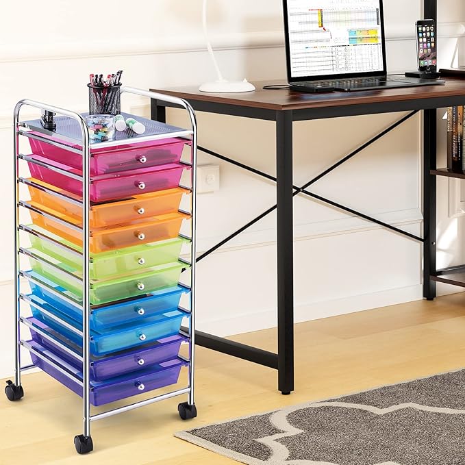 COSTWAY 10-Drawer Rolling Storage Cart, Utility Mobile Trolley with Removable Drawers & Universal Casters & 2 Brakes, Versatile Flexible Drawer Organizer Cart for Home, Office (Rainbow)