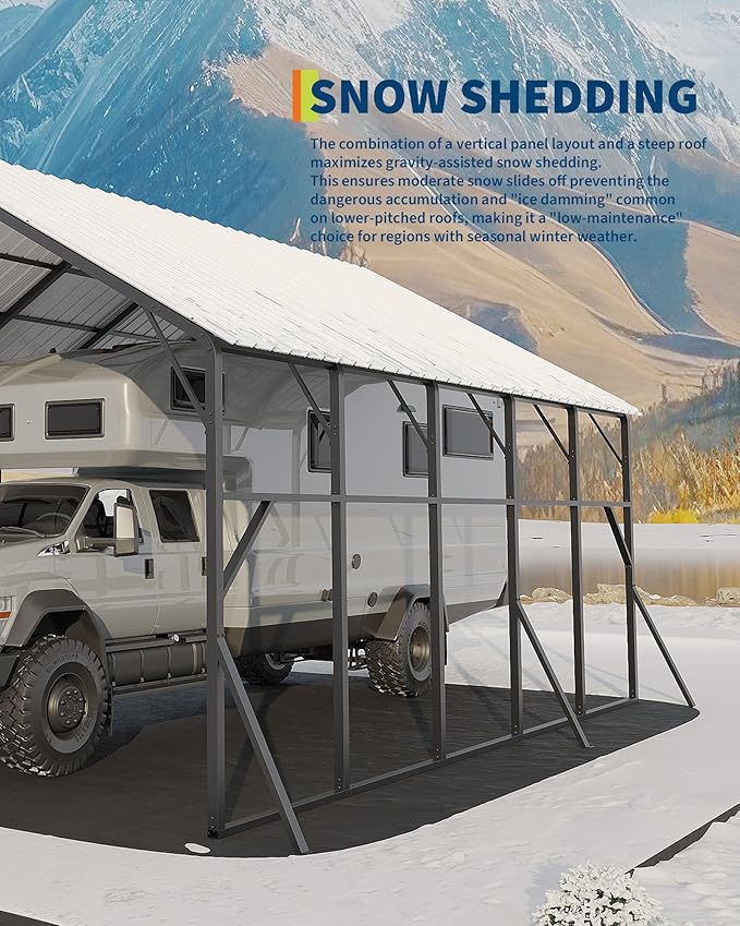 Garvee 20x25 ft Metal Carport Kit, 120° Steep-Pitch Vertical Roof for Snow Shedding, 173" High-Clearance RV & Tractor Shelter, Heavy-Duty 2 Cars Car Port with Reinforced Frame