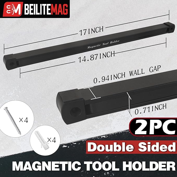 Double Sided Magnetic Tool Holder, 17 Inch Magnetic Screwdriver Holder Rack, Easy to Install Magnet Tool Organizer for Garage Storage, Workshop, Jobsite, Shed and Kitchen (2 Pack)