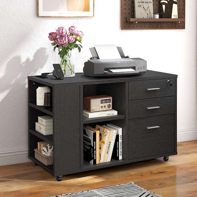 DWVO File Cabinet with Charging Station, 3 Drawer Mobile Filing Cabinet with Lock, Printer Stand with Open Storage Shelf for Home Office, Black