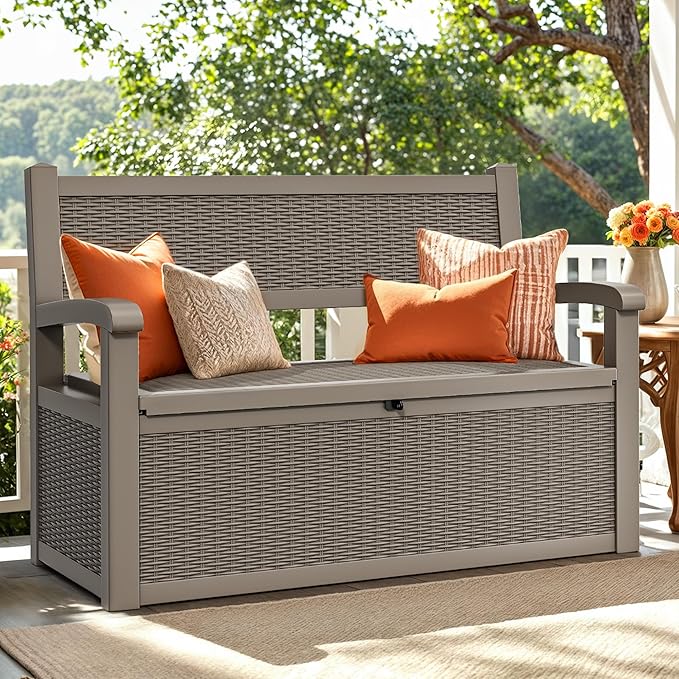 YITAHOME 70 Gallon Deck Bench with Storage, Outdoor Storage Box Bench with Armrests for Patio Garden Pool Porch, Waterproof&Lockable, Light Brown