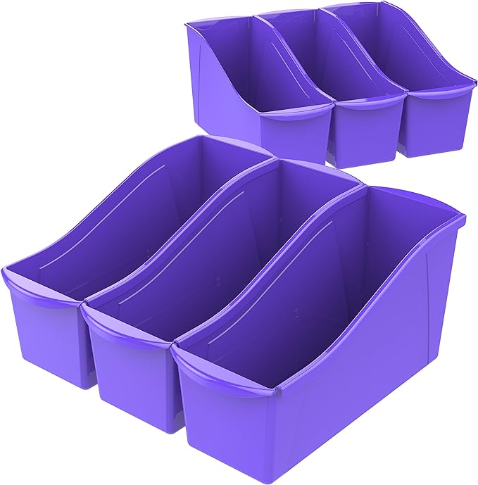 Storex Large Book Bin, Interlocking Plastic Organizer for Home, Office and Classroom, Purple, 6-Pack (71117U06C)