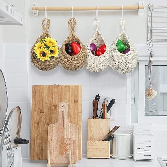 PATIKIL Hanging Fruit Baskets for Kitchen, Mini Size Teardrop Home Decor Storage Hand-Woven Wall Hanging Basket for Garlic Potato Vegetable, Beige