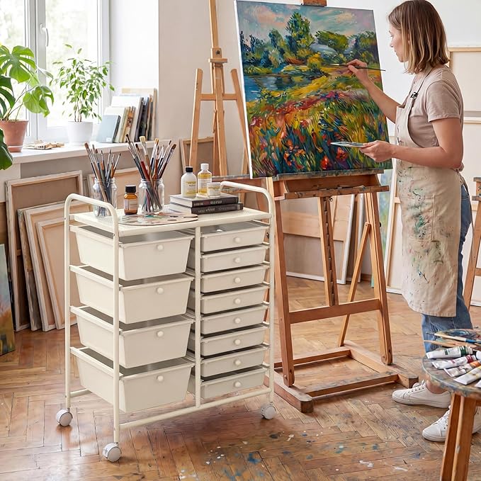 GOFLAME 12-Drawer Rolling Storage Cart, Craft Storage Cart with Removable Drawers & Lockable Wheels, Art Cart Supply Storage Organizer with Metal Frame for Home Office Classroom, White