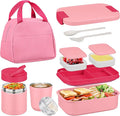 Bento Lunch Box Set with 10.5oz Soup Thermo Food Jar for Adults Kids, Stainless Steel Leak-proof Lunch Container with 4 Compartment, Coffee Tumbler with Lunch Bag for School Travel Office-Pink