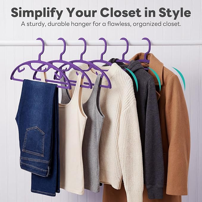 HOUSE DAY Plastic Clothes Hangers 12 Pack, Sweater Hangers No Shoulder Bump, Thick Heavy Duty Coat Hanger for Closet, Purple Wide Hanger with Non-Slip Hook for Sweaters, Suits, Dresses, Jackets, Pants