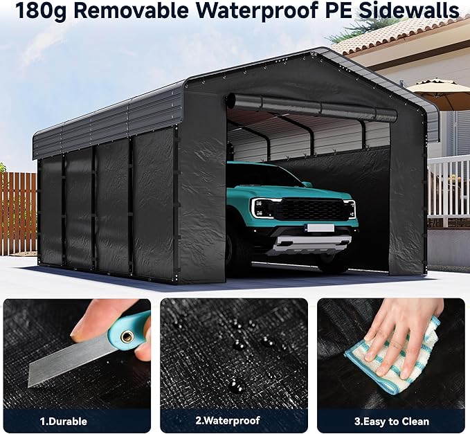 12x20FT Heavy Duty Metal Carport, Outdoor Carport with Galvanized Steel Frame and Roof, Multi-Use Car Garage Shelter with Removable Sidewalls, Enclosed for Cars, Pickup, Tractors, Tools, Gray