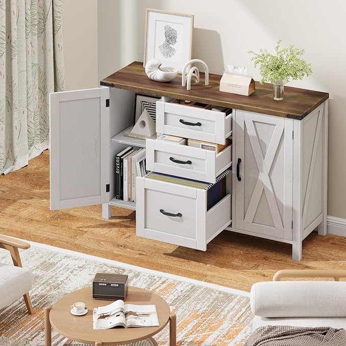 3 Drawer File Cabinet, Farmhouse Lateral Filing Cabinet with Doors Fits Letter or A4 Size, Wooden Printer Stand with Open Storage Adjustable Shelf for Home Office, Rustic White