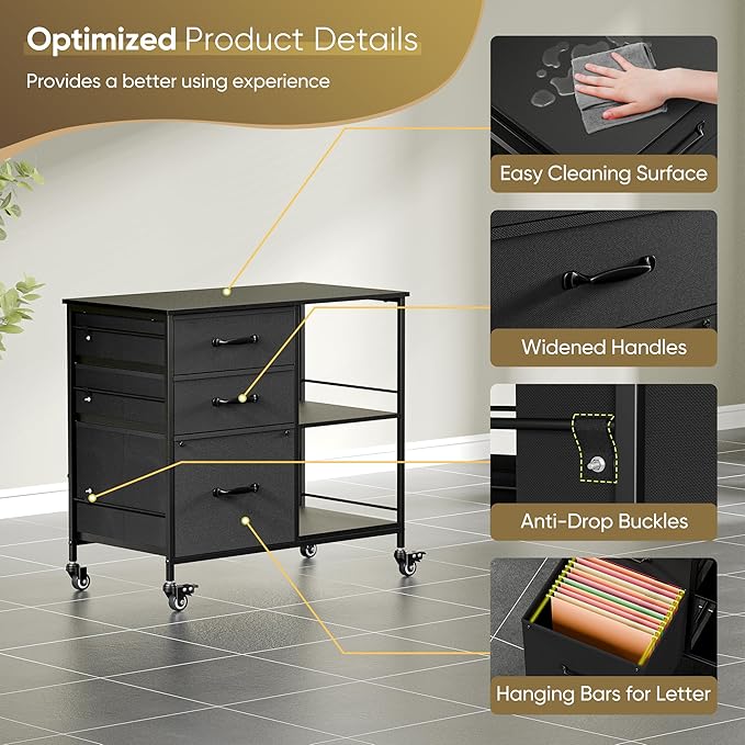 ZENY Lateral File Cabinet with 3 Drawers, Mobile File Cabinet Printer Stand, Rolling Fabric Lateral Filing Cabinet for Office Home Small Space (Black)