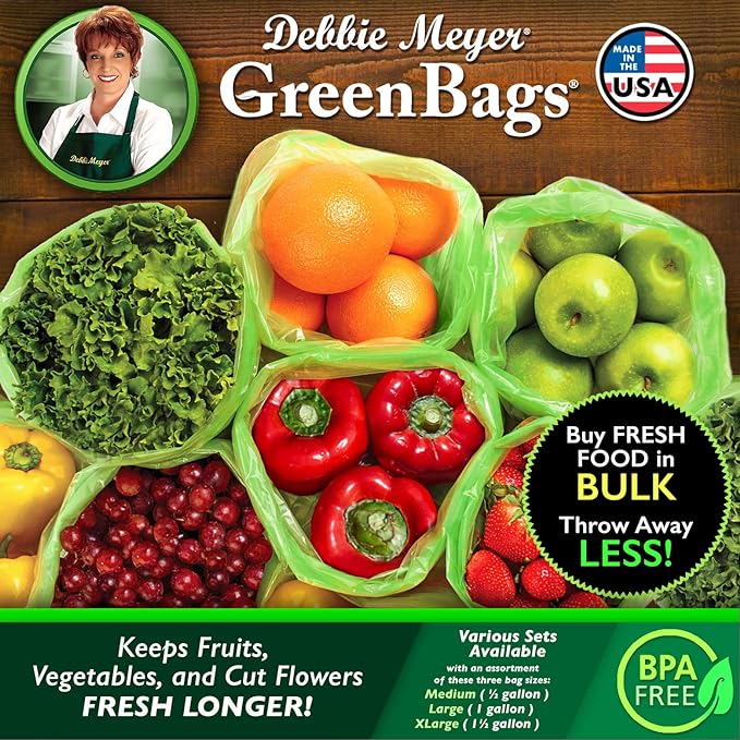 Debbie Meyer, GreenBags 40-Pack (16M, 16L, 8XL) | Reusable Storage Bags Keeps Fruit, Vegetables, Produce, Cut Flowers Fresh Longer, Kitchen & Fridge Preservation Solution, BPA Free, Made in the USA
