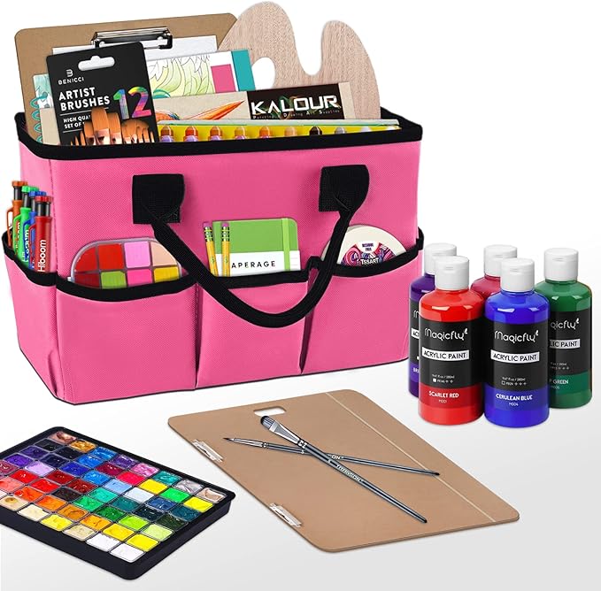 Godery Desktop Tote and Organizer, Teacher Helper caddy Bag for Arts, Books, Stationery, Office Desk Organization, Make-up Storage with Handles for Travel (PINK)