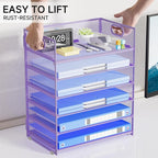 Purple Paper Organizer for Desk with Handle, 6-Tier Metal Mesh File Organizer | Stackable Desktop Organizer for Office Supplies & Stationery Storage