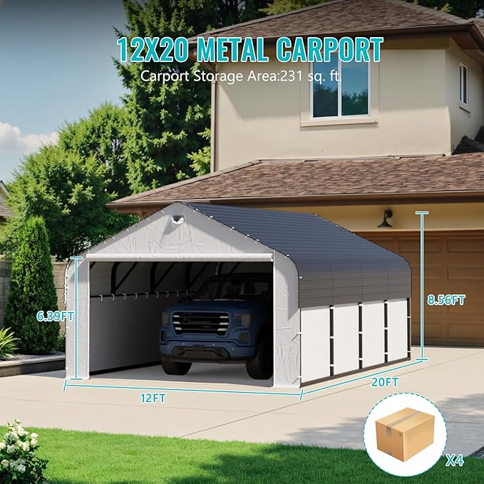 Metal Carport,Carport Canopy 12x20 Heavy Duty All Weather,Enclosed Car Tent Garage with Removable Sidewalls & Doors,Metal Car Port for Snow