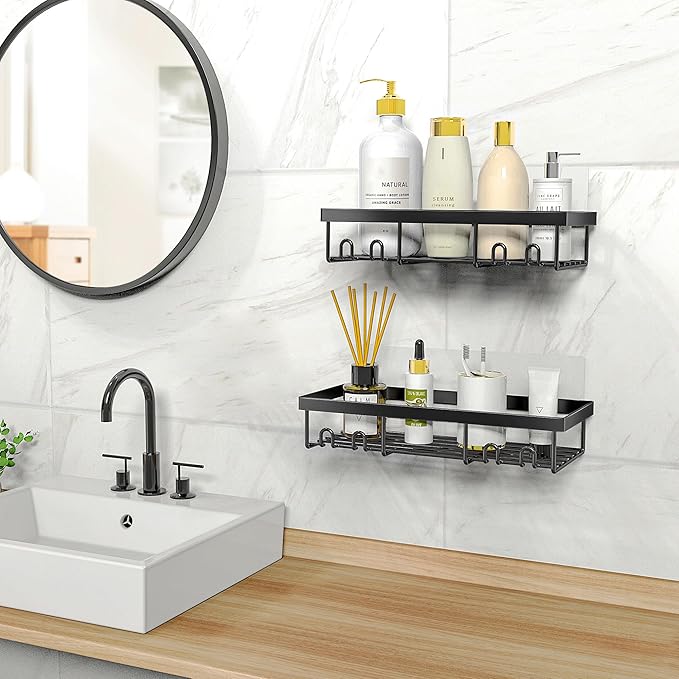 Moforoco Large Shower Caddy Shelf Organizer Rack, Self Adhesive Black Bathroom Shelves Basket, Home Farmhouse Wall Inside Organization and Storage Decor Rv Accessories