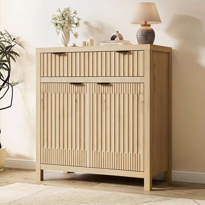 FLOWBACK 64'' Fluted Buffet Cabinet with Storage，Large 62''W Sideboard Cabinet Modern Credenza with Fluted Doors & Shelves Farmhouse Coffee Bar Media Console Accent Cabinets for Living Room, Entryway