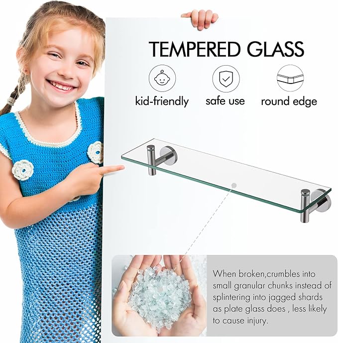 KES Glass Shelf Bathroom Rectangular Shelf 20-Inch with 8 MM-Thick Tempered Glass Rustproof Metal Bracket Wall Mount Brushed Finish, A2021-2