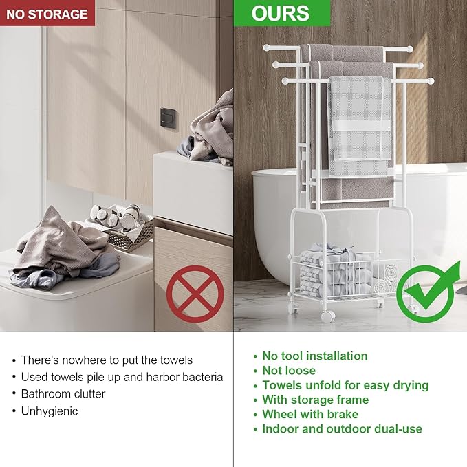 Towel Racks for Bathroom, 42" H 3-Tier Durable White Reinforced Alloy Stand with Wheels and Basket, Free Standing Towel Rack, Multi-Use Blanket Rack for Indoor/Outdoor Bathroom Display