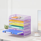 6 Tier Paper Organizer, Purple Letter Tray with Handle, Mesh Desk Organizer, Metal File Organizer, Office Desk Accessories for Home, Office, Classroom, School