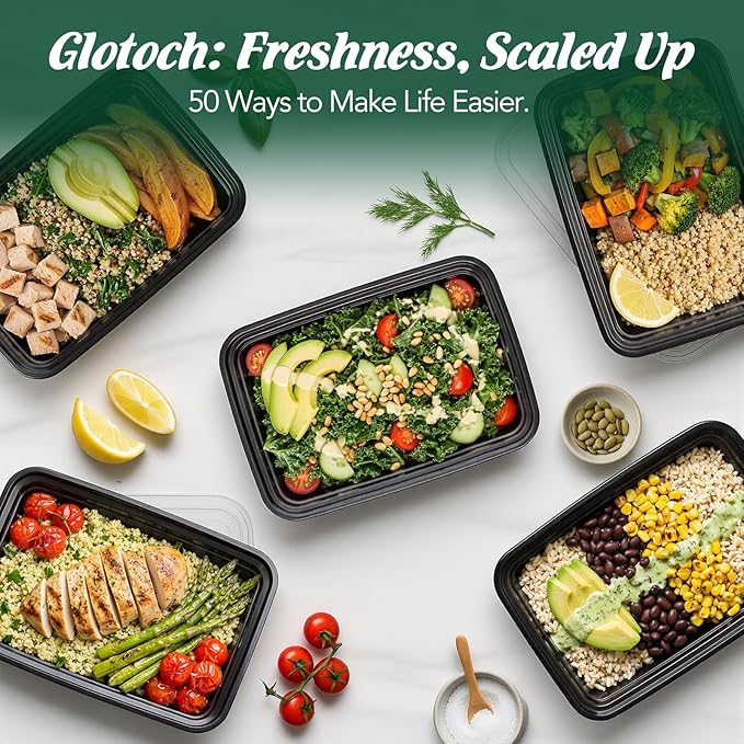 Glotoch Meal Prep Containers with Lids, Plastic food storage containers Reusable, 1-compartment BPA-free, Bento boxes for portion control & takeout, Microwave/freezer/dishwasher safe (50 pack, 32 oz)