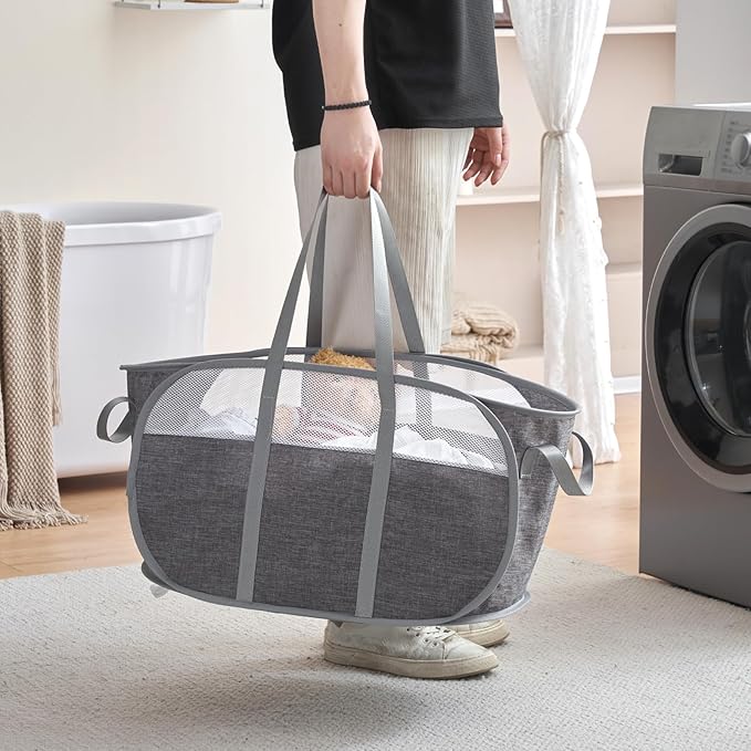 TECHMILLY Collapsible Laundry Basket, Foldable Tear Proof Mesh Pop Up Hamper with Reinforced Carry Handles for Laundry, Bathroom, Dorm or Travel (Grey)