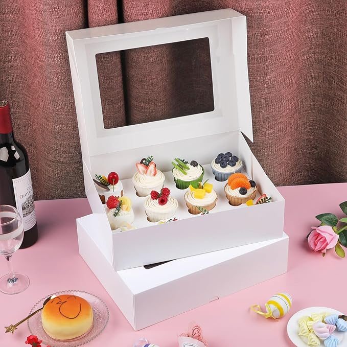 Cupcake Boxes, 4 Pack Disposable Cupcake Containers, Food Grade Cupcake Carrier 12 Count with Window and Inserts, Cupcake Transport Holders Bulk for Muffins Cookies Treats Dessert（White）