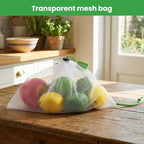 18 PCS Reusable Produce Bags, Heavy Duty Washable Mesh Grocery Bags with Drawstring, See-Through Food Safe Mesh for Fruits Vegetables Toy Storage, Multi-Size S/M/L