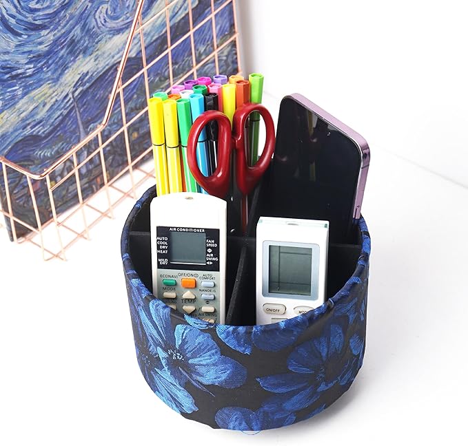 QIELIZI Round Leather Art Supply Organizer,Remote Control Holder,360 Degree Rotating,Multi-Functional Pencil Holder,4 Compartments Desktop Stationary Organizer(1-Dahlia Dark Blue)