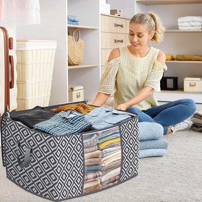 Direct 100L, 3 Pack, Storage Containers, Large Clothes Storage Bins Foldable Organization and Storage Bags with Reinforced Handle, Clear Window for Bedding, Blankets, Clothing, Grey