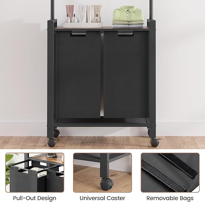 Versatile Laundry Sorter Hamper with Hanging Rack & Shelf – 2-Section Rolling Clothes Organizer, Removable Bags, Utility Shelf, Lockable Wheels for Laundry Room, Bedroom, Bathroom