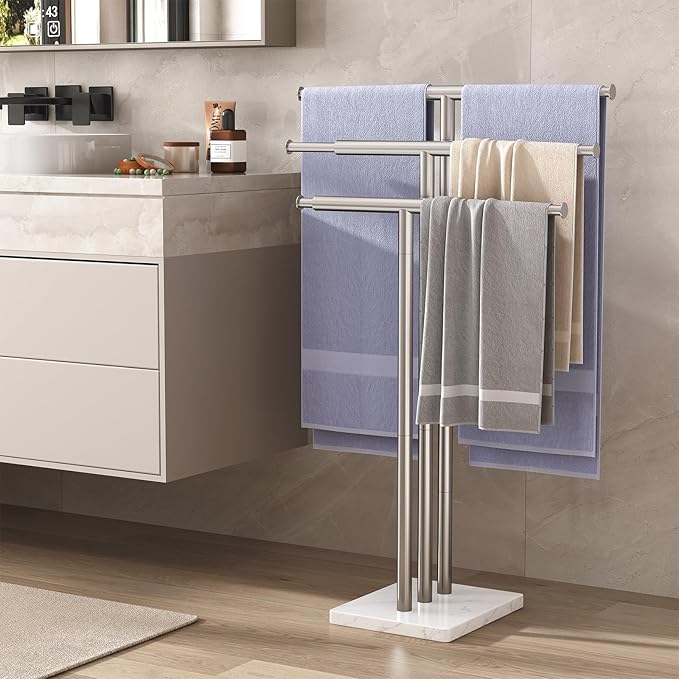 ELYKEN Standing Towel Racks for Bathroom, 3-Tier Floor Towel Holder Stand with Weighted Marble Base, Freestanding Bath Towel Rack, Width Adjustable & Stainless Steel Brushed Finish