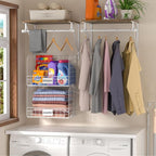 2 Set Laundry Room Wall Mounted Shelves With Wire Storage Baskets, Over Washer and Dryer With Hanging Rods and Hooks, for Organization and Storage, White, Wooden
