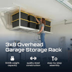 MonsterRax Overhead Garage Storage Racks 3x8’ (2-Pack) Ceiling Mounted Shelving, Adjustable Hanging Organizer, Heavy Duty Steel, Holds 500 Pounds, Color: White, Adjustable from 24"-45" off the Ceiling