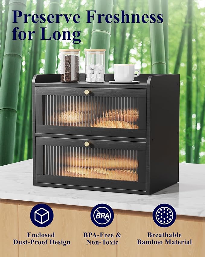 Kitsure Bread Box - 2-Tier Bamboo Bread Box for Kitchen Countertop, Bread Storage Container with Magnetic Acrylic Door, Pantry Organizers and Storage for Loaves, 15" x 9.8" x 13.2", Black