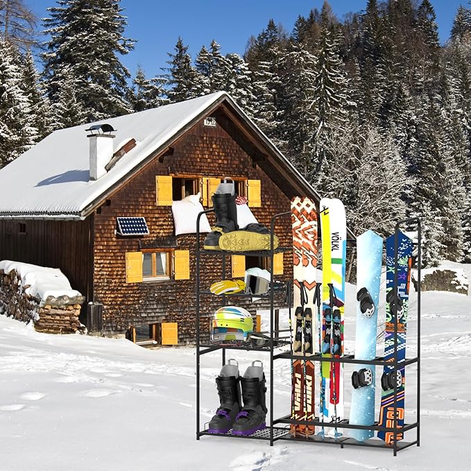 Freestanding Ski Rack for Garage - Stores 4 Pairs of Skis, Adjustable Ski Boot Holder, Organizes Skis, Boots, Poles, Goggles, Helmets & Gear, Ideal for Garage, Shed, Basement, Ski Enthusiasts