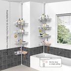 KEGII Corner Shower Caddy Tension Pole - Chrome 4-Tier Adjustable Shower Tension Rod Organizer with Hooks & Soap Holders, 25-114.2 Inch Stainless Steel Shower Storage Rack for Renters & Family