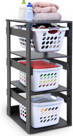 Laundry Basket Holder Shelf (3-Tier) - Stackable Engineered Wood Laundry Tower, Tiered Laundry Hamper Organizer for Bathroom, Bedroom, Laundry Room