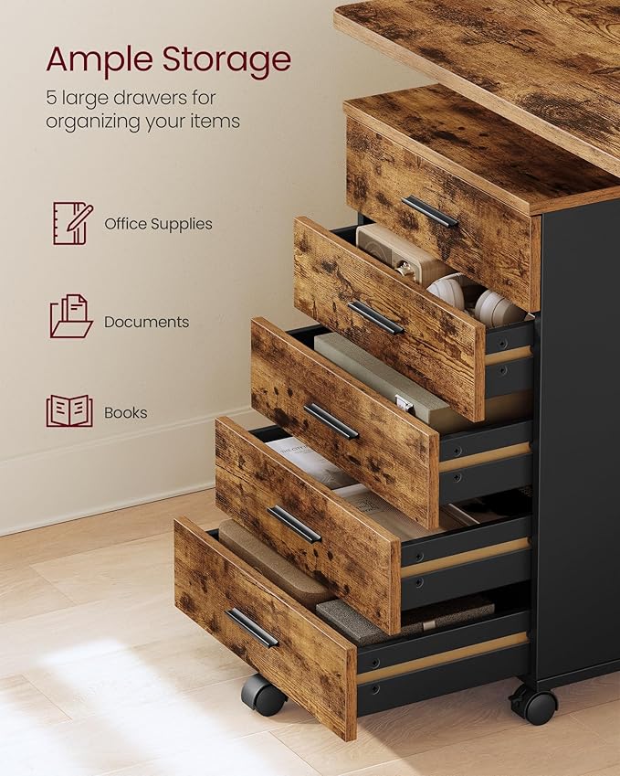 VASAGLE File Cabinet, Mobile Pedestal Filing Cabinet with Wheels, Printer Stand with 5 Drawers, Tool-Free Sliding Rails, for Study, Home Office, Rustic Brown UOFC081KD02
