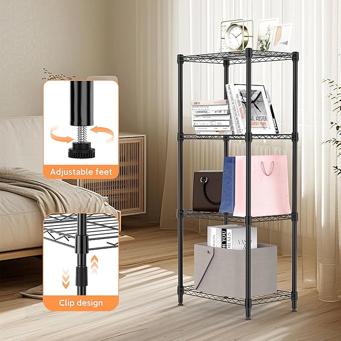 4 Tiers Shelf Metal Storage Shelves Wire Rack Closet Organizers for Garage Kitchen Bathroom Laundry Black 11.8" D x 17.7" W x 41.9" H