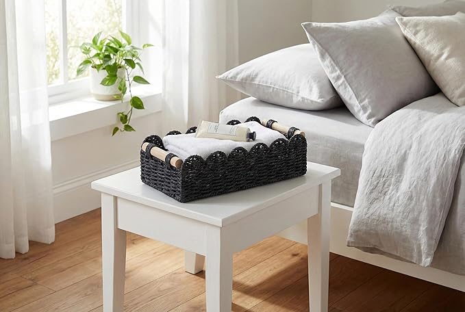 Black Paper Rope Scalloped Basket with Wooden Handles, Modern Bathroom Counter Organizer Basket for Vanity, Toilet Tank Top, Shelves & Coffee Table – 14" x 6.3" x 3.9"